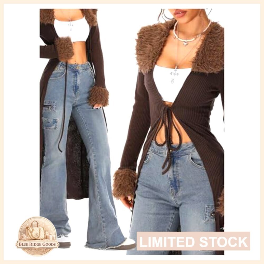 Fur Trim Cardigan Tie Front Midi Length Fuzzy Knit Sweater Chic Fall - Picture 3 of 5